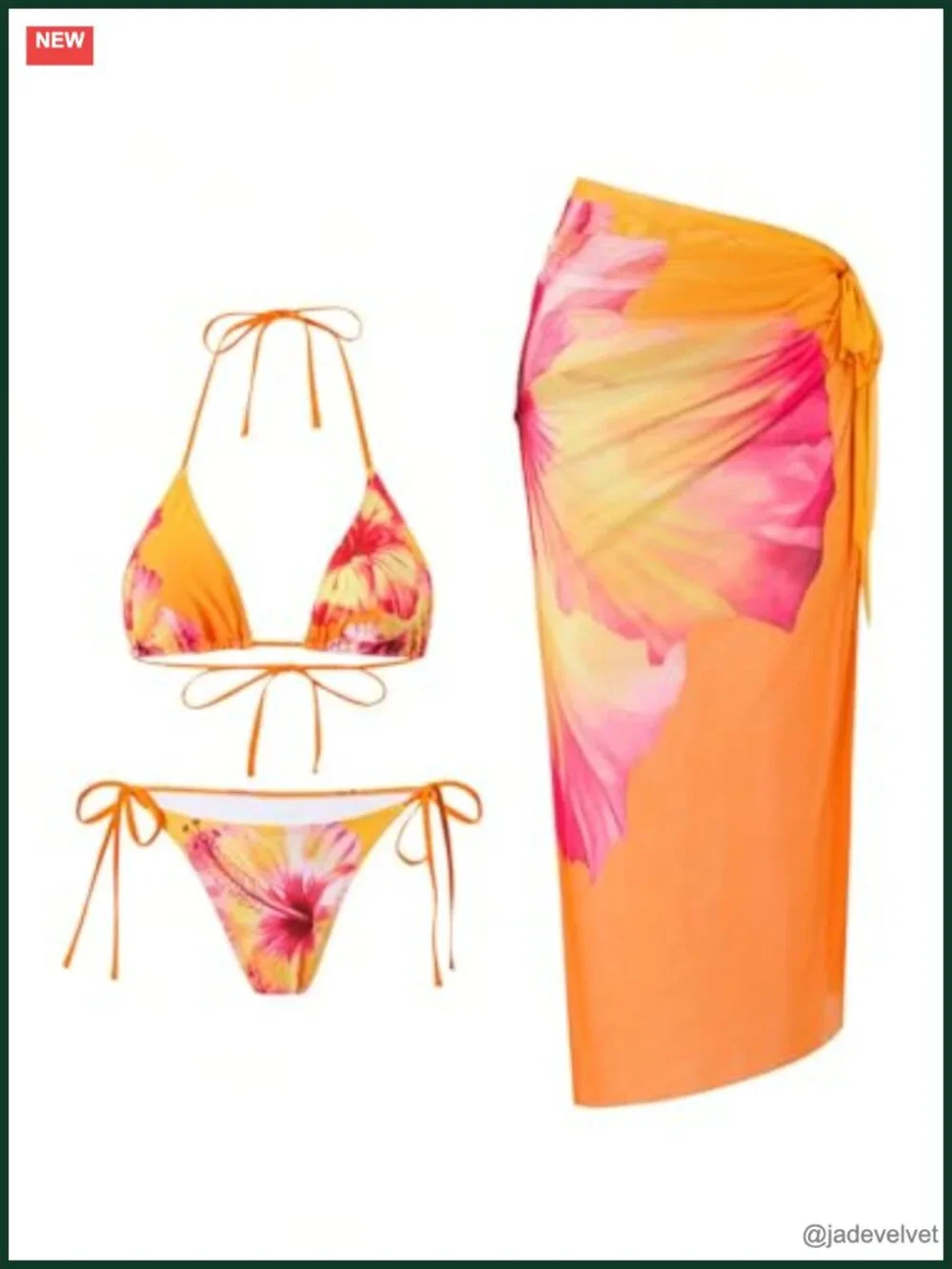 3 Piece Floral Halter Triangle Bikini Set with Mesh Cover Up Skirt
